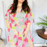 Look Of Love Lime & Coral Patchwork Print V Neck Dress