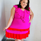 Fuchsia Ruffle V Neck Crepe Tiered Midi Dress