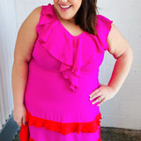 Fuchsia Ruffle V Neck Crepe Tiered Midi Dress