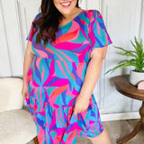 Remember Me Blue & Fuchsia Geo Print V Neck Dress