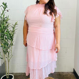 Beautiful You Blush Swiss Dot Asymmetric Tiered Smocked Lined Dress