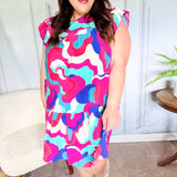 Go For Fun Fuchsia Geo Print Tiered Ruffle Sleeve Woven Dress