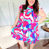 Go For Fun Fuchsia Geo Print Tiered Ruffle Sleeve Woven Dress