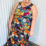 Teal & Maroon Flat Floral  Fit and Flare Sleeveless Maxi Dress