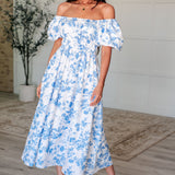 Nurturing Myself Square Neck Floral Dress in Blue