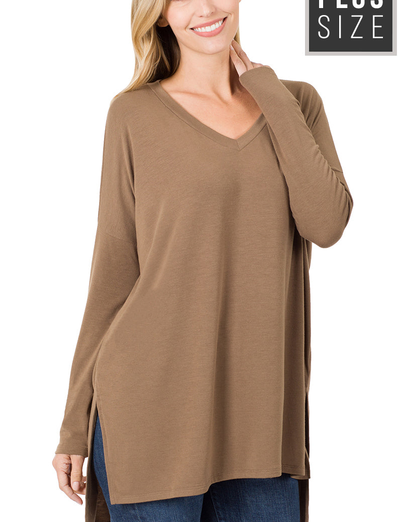 Dolman Long Sleeve V-Neck Side Slit Hi-Low Hem Top 2186