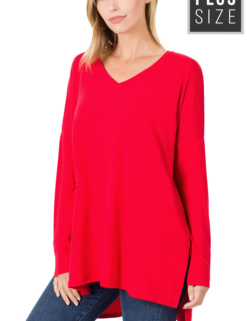 Dolman Long Sleeve V-Neck Side Slit Hi-Low Hem Top 2186