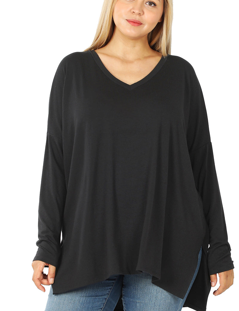 Dolman Long Sleeve V-Neck Side Slit Hi-Low Hem Top 2186