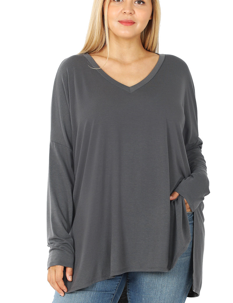 Dolman Long Sleeve V-Neck Side Slit Hi-Low Hem Top 2186