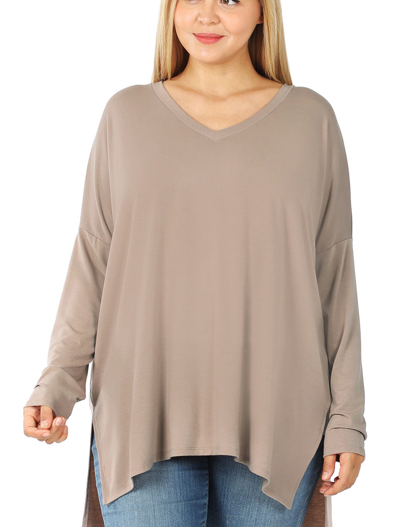 Dolman Long Sleeve V-Neck Side Slit Hi-Low Hem Top 2186