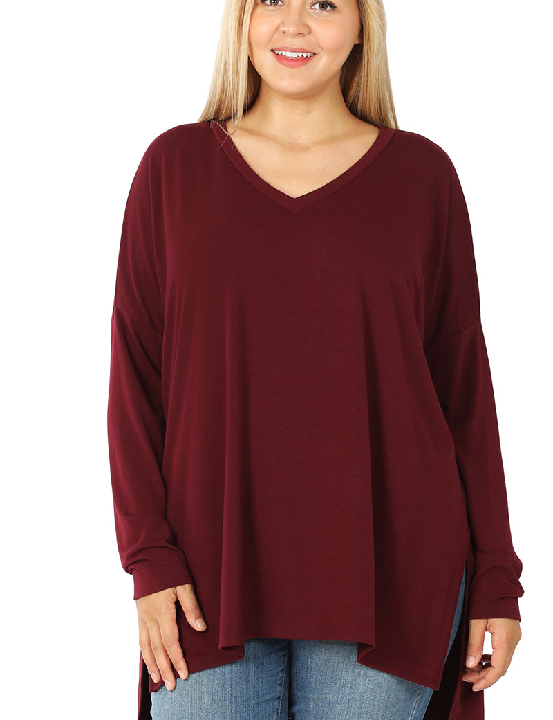 Dolman Long Sleeve V-Neck Side Slit Hi-Low Hem Top 2186