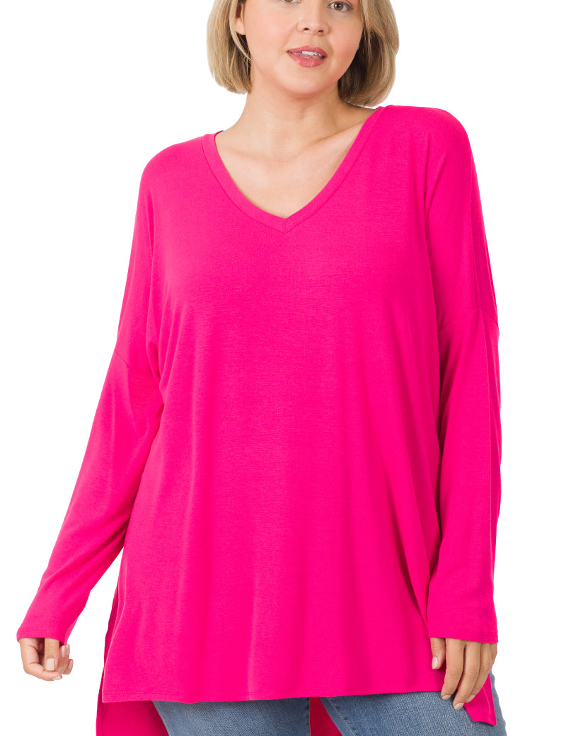 Dolman Long Sleeve V-Neck Side Slit Hi-Low Hem Top 2186