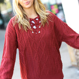 Fall Vibes Rust Cable Knit Lace Up V Neck Sweater