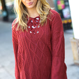 Fall Vibes Rust Cable Knit Lace Up V Neck Sweater