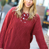 Fall Vibes Rust Cable Knit Lace Up V Neck Sweater