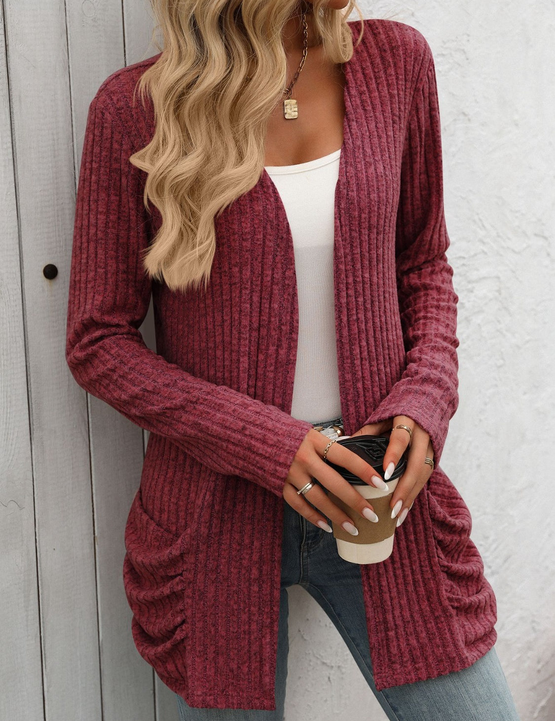 Open Front Long Sleeve Ribbed Cardigan