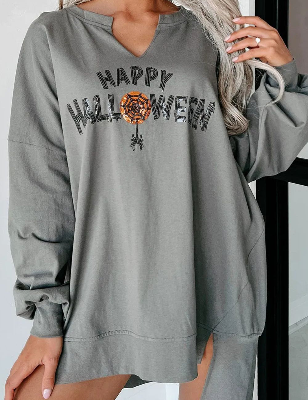 Sequin Letter Graphic Notched Long Sleeve Sweatshirt