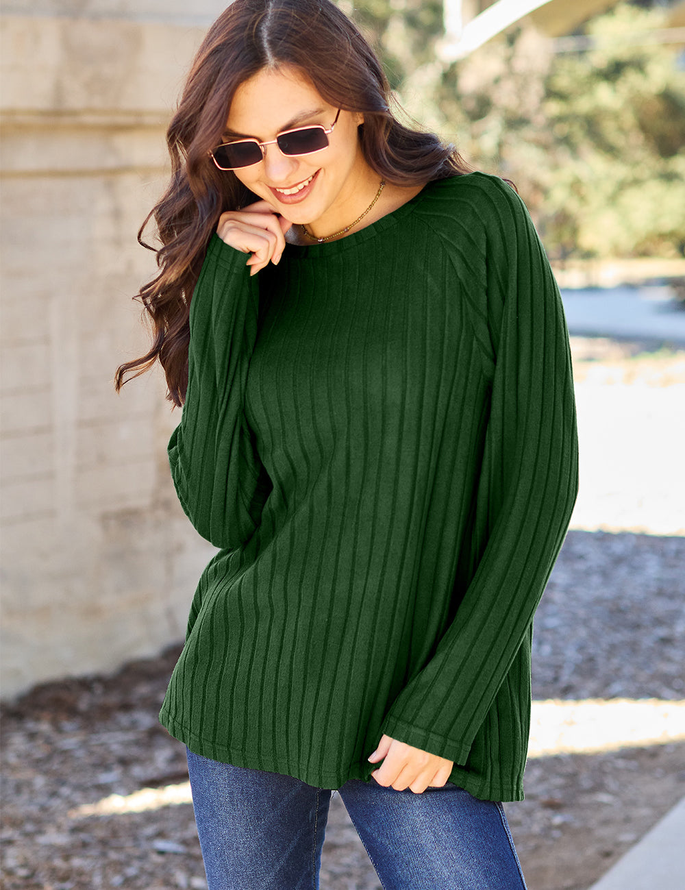 Basic Bae Full Size Ribbed Round Neck Long Sleeve Knit Top