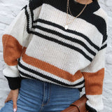 Contrast Striped Round Neck Long Sleeve Sweater