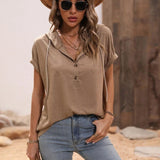 Half Button Hooded Short Sleeve Blouse