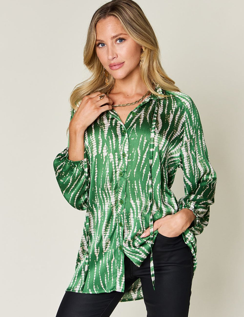 Double Take Full Size Printed Button Up Long Sleeve Shirt