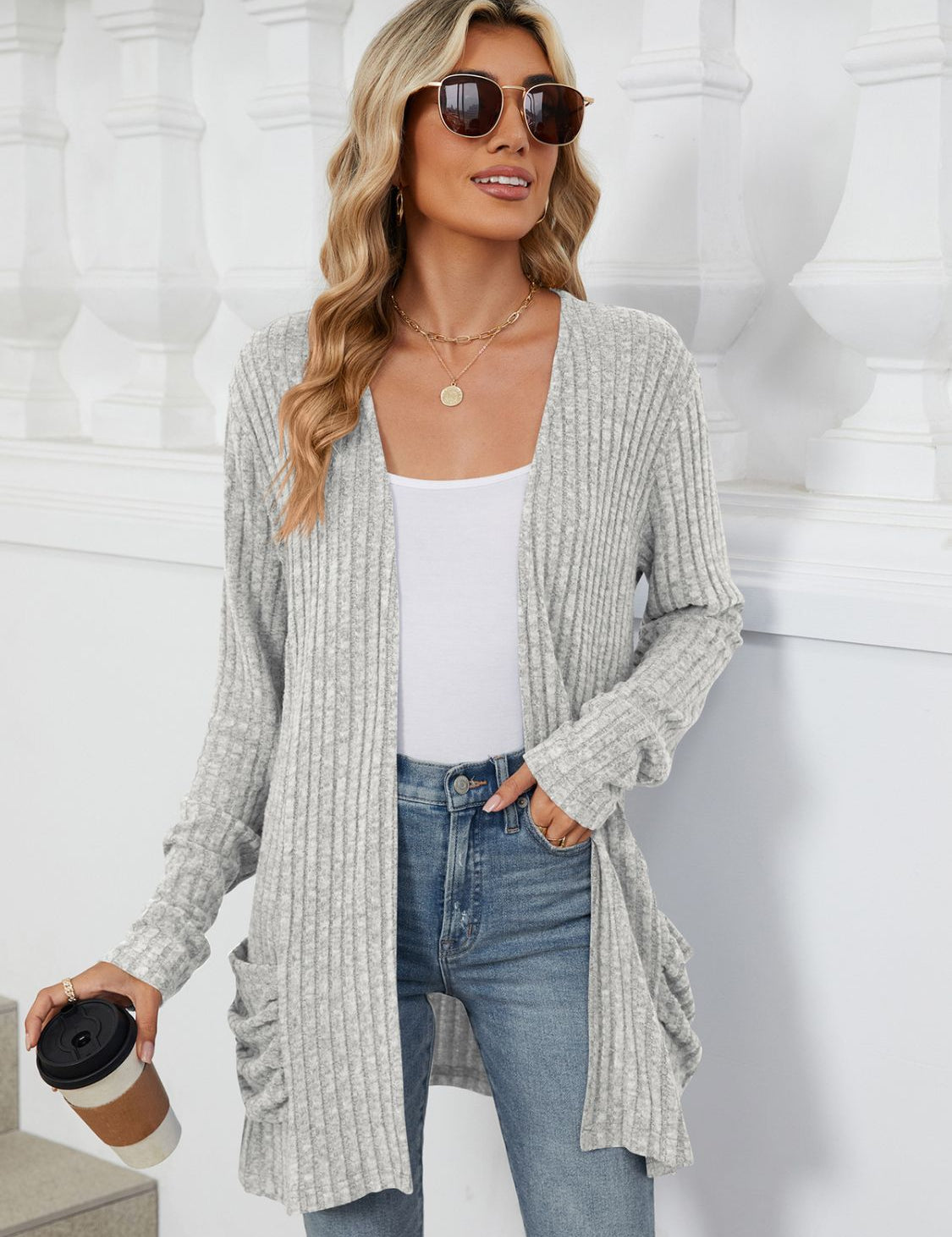 Pocketed Open Front Long Sleeve Cardigan