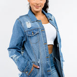 American Bazi Full Size Button Up Distressed Denim Jacket