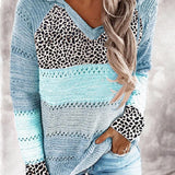 Full Size Openwork Leopard Drawstring Hooded Sweater