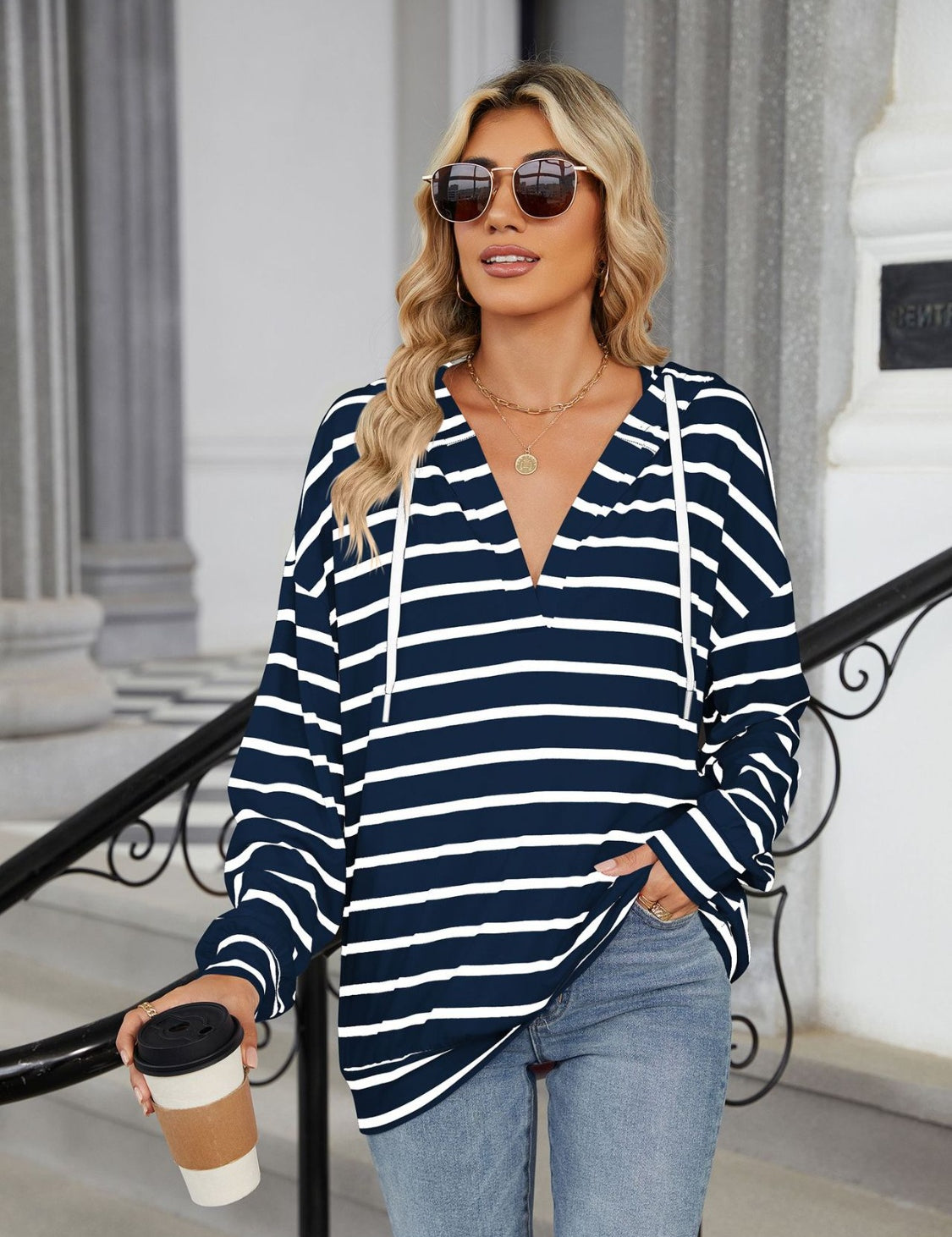 Drawstring Striped Long Sleeve Hoodie