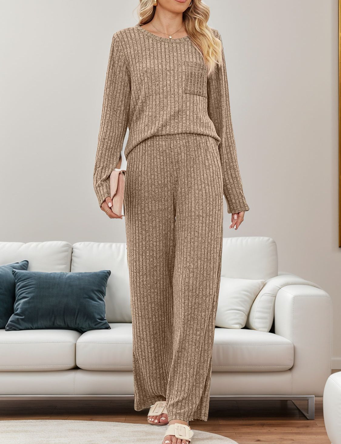 Round Neck Long Sleeve Top and Pants Set