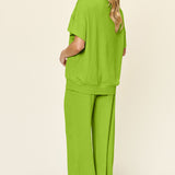 Double Take Full Size Texture Round Neck Short Sleeve T-Shirt and Wide Leg Pants