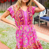 Find Romance Fuchsia Boho Floral Button V Neck Ruffle Dress