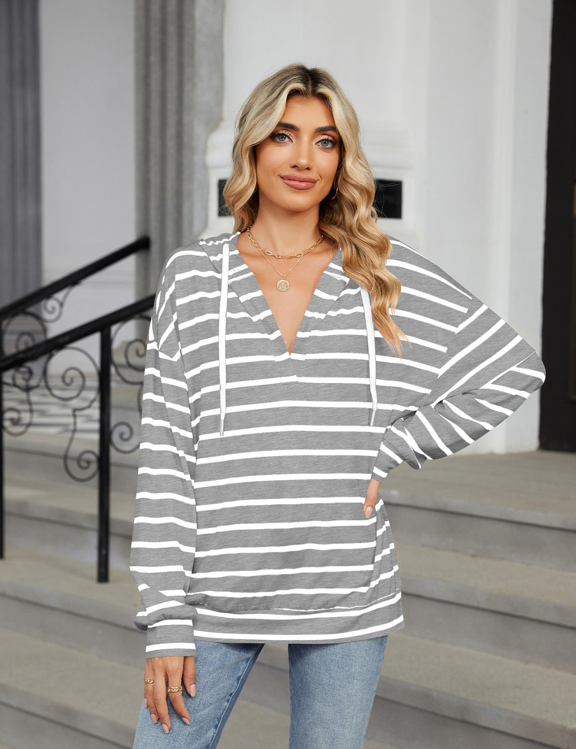 Drawstring Striped Long Sleeve Hoodie