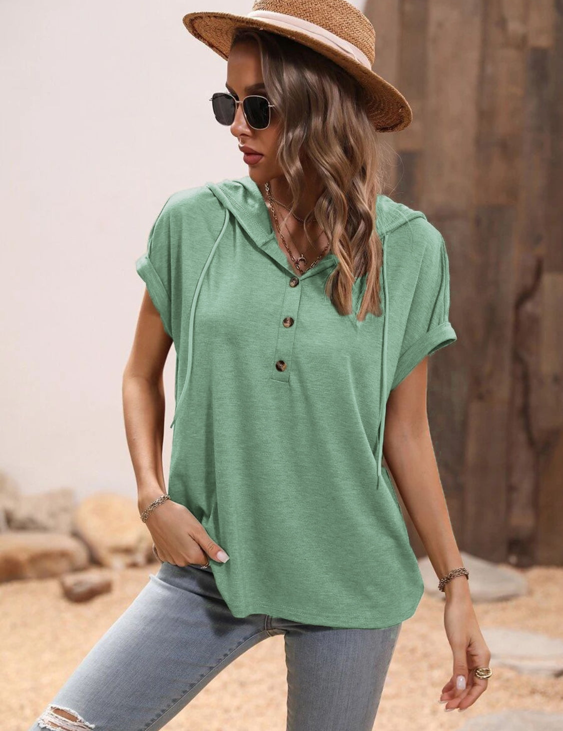 Half Button Hooded Short Sleeve Blouse