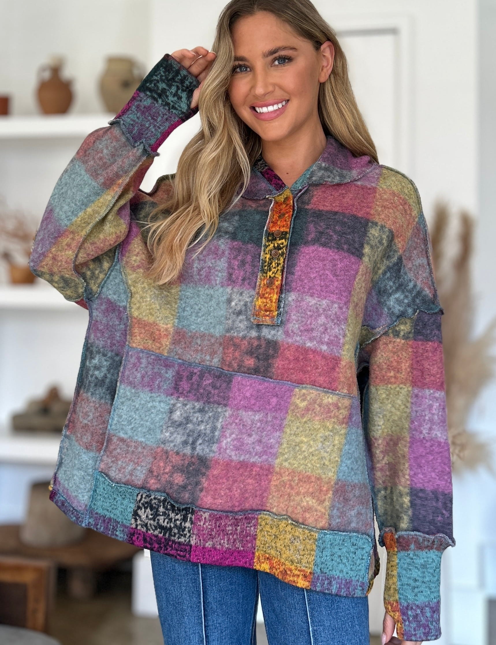 Double Take Full Size Plaid Dropped Shoulder Hoodie