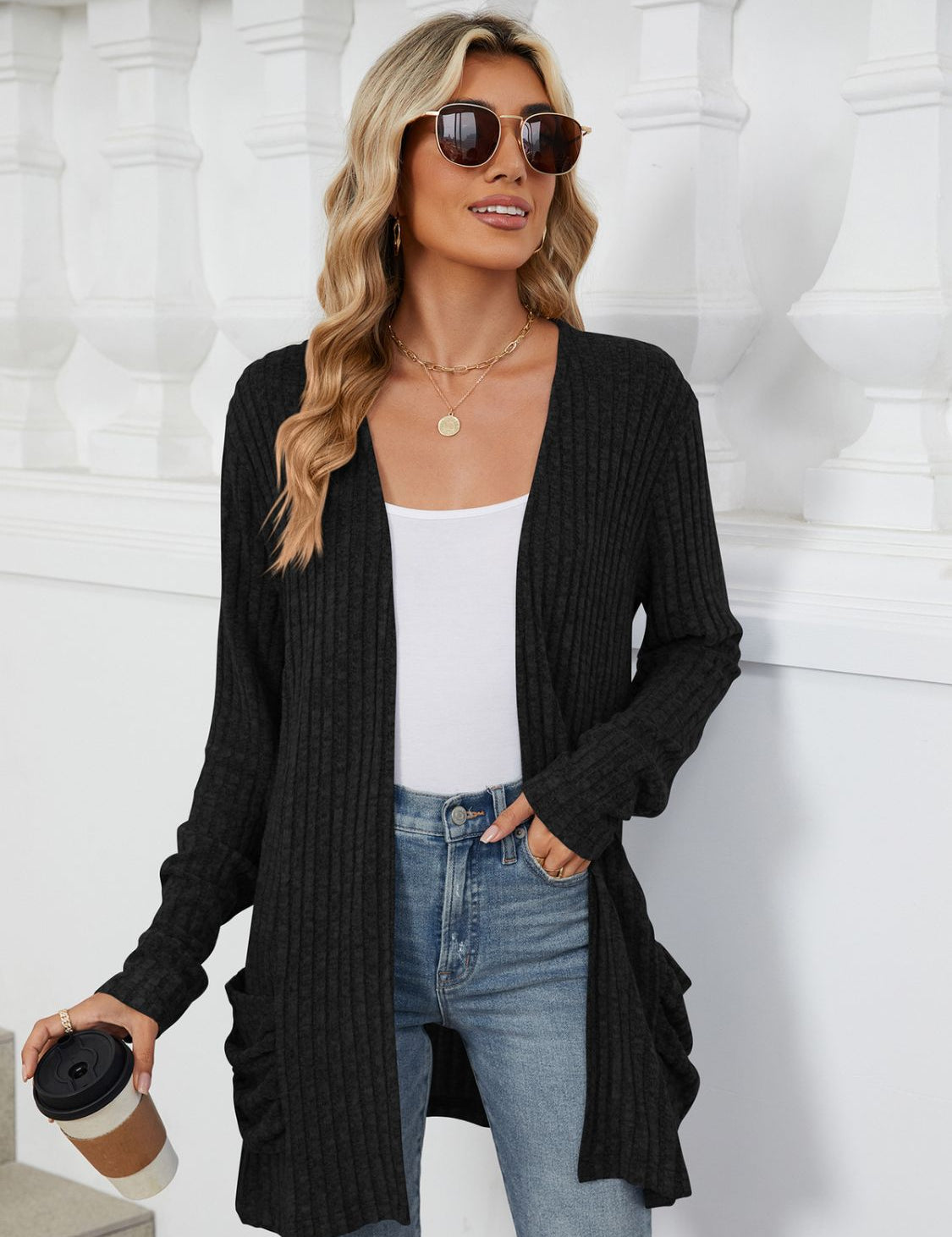 Pocketed Open Front Long Sleeve Cardigan