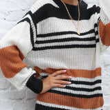 Contrast Striped Round Neck Long Sleeve Sweater