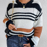 Contrast Striped Round Neck Long Sleeve Sweater