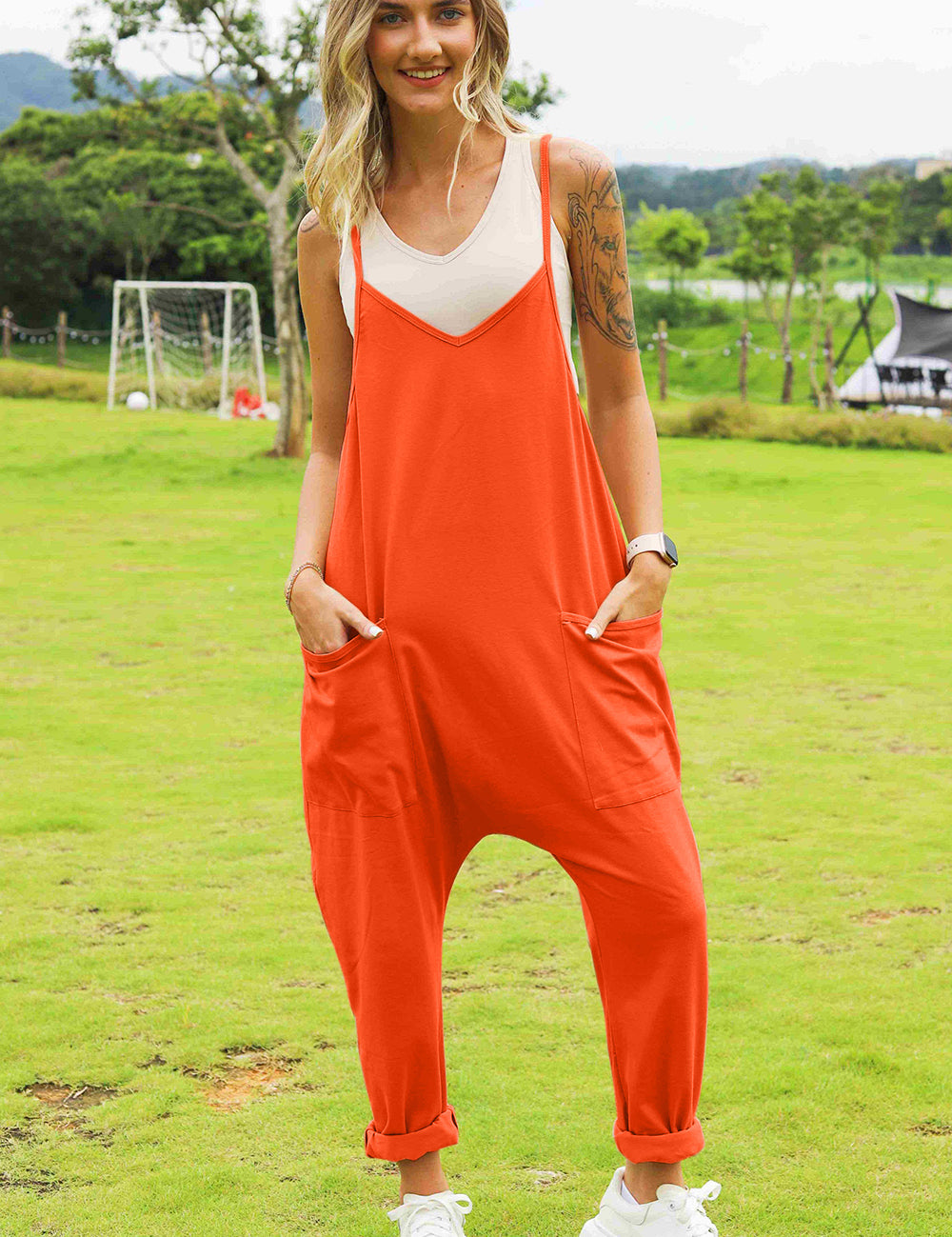 Double Take Full Size Sleeveless V-Neck Pocketed Jumpsuit