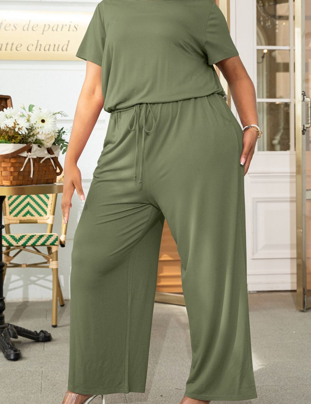 Plus Size Drawstring Waist Short Sleeve Jumpsuit