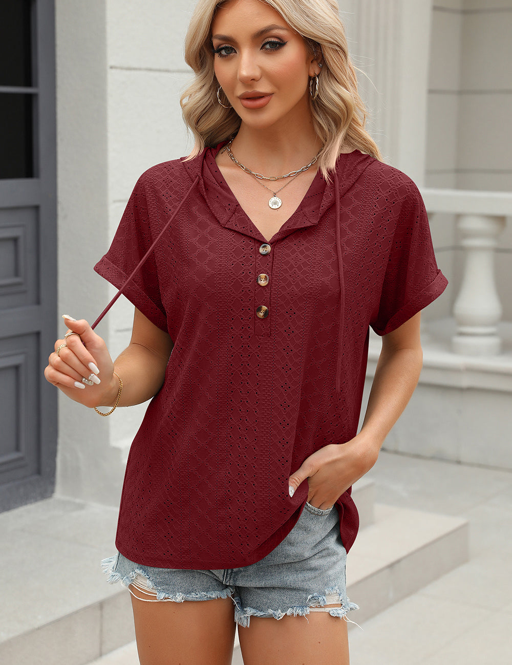 Eyelet Drawstring Hooded Short Sleeve Blouse