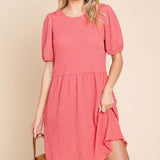 Culture Code Full Size Textured Round Neck Puff Sleeve Dress