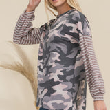 Celeste Full Size Camo Print High-Low T-Shirt with Stripe Sleeves