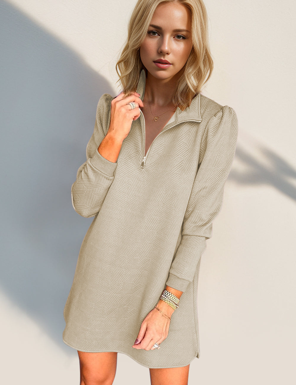 Double Take Textured Quarter Zip Long Sleeve Dress