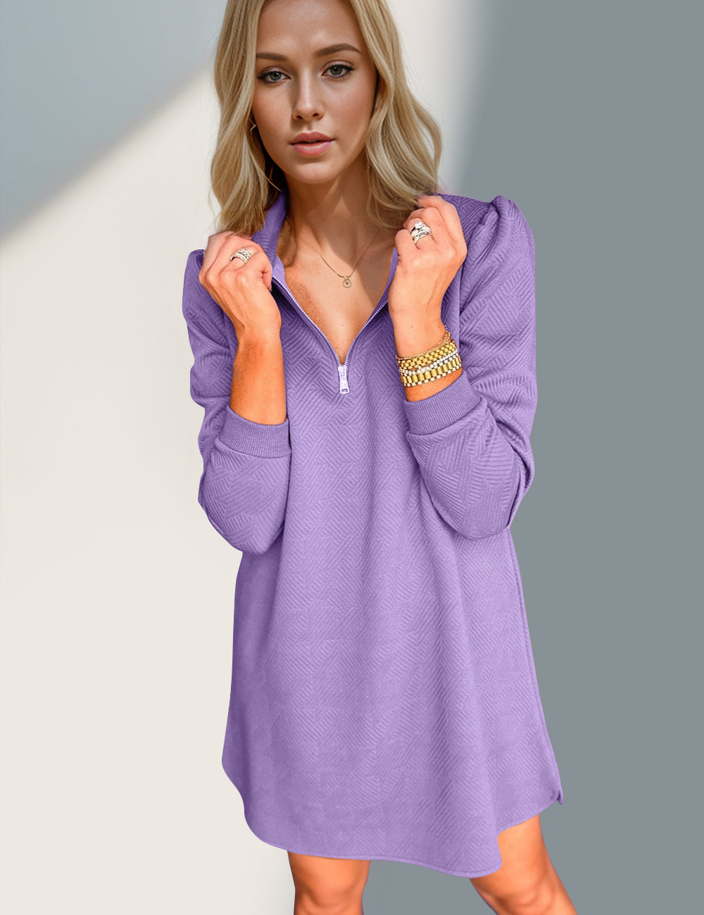 Double Take Textured Quarter Zip Long Sleeve Dress