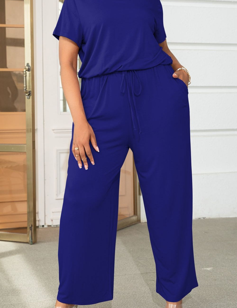 Plus Size Drawstring Waist Short Sleeve Jumpsuit