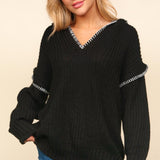 Notched Neck Long Sleeve Hooded Pullover