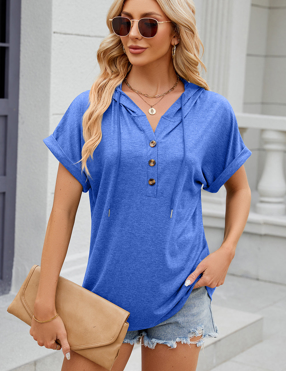 Half Button Drawstring Short Sleeve Hooded T-Shirt