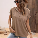 Half Button Hooded Short Sleeve Blouse