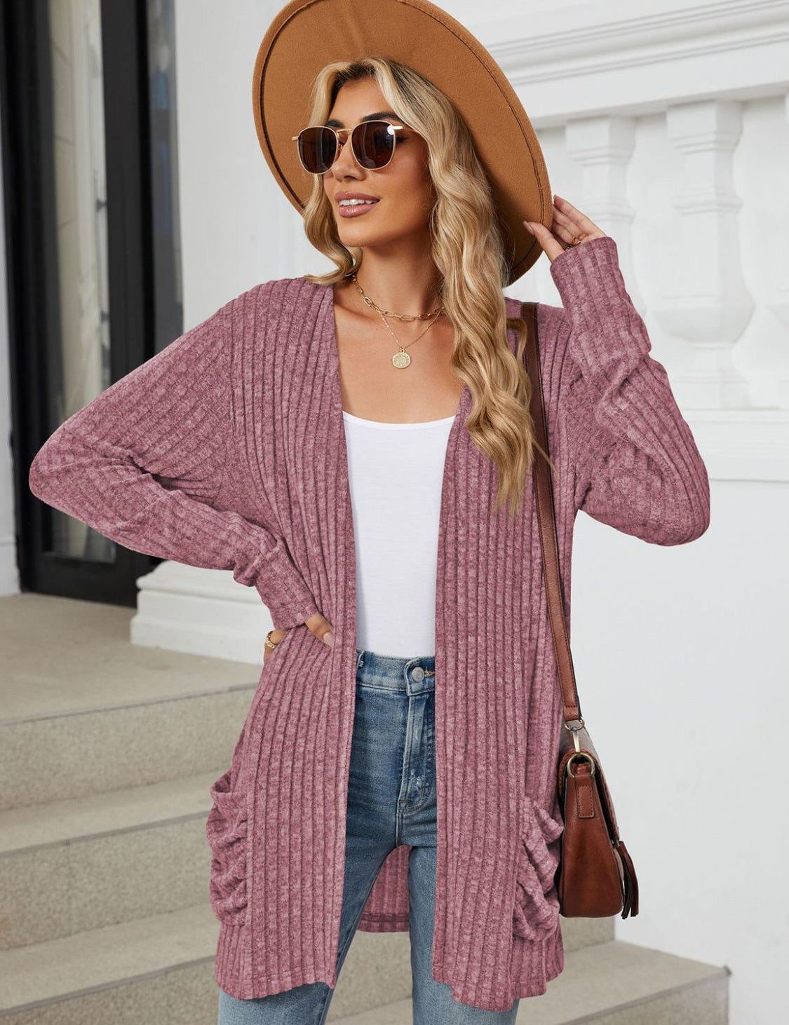 Pocketed Open Front Long Sleeve Cardigan